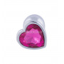 Серебристая анальная пробка с ярко-розовым кристаллом-сердцем - 7 см.
