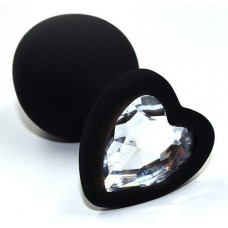 Черная анальная силиконовая пробка с прозрачным кристаллом в форме сердца - 8,8 см.