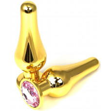 Золотистая удлиненная анальная пробка с нежно-розовым кристаллом - 10 см.