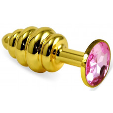 Золотистая ребристая анальная пробка с нежно-розовым кристаллом - 8 см. 