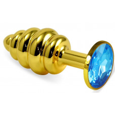 Золотистая ребристая анальная пробка с голубым кристаллом - 8 см. 