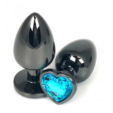 Черная металлическая анальная пробка с голубым стразом-сердечком - 6,5 см.