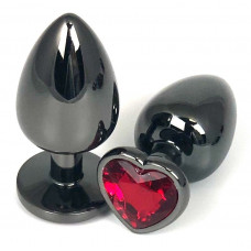Черная металлическая анальная пробка с красным стразом-сердечком - 7,5 см.