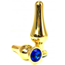 Золотистая удлиненная анальная пробка с синим кристаллом - 11,5 см.