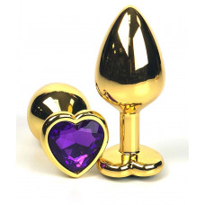 Золотистая анальная пробка с фиолетовым кристаллом-сердцем - 6 см.