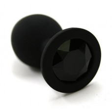 Черная силиконовая анальная пробка с черным стразом - 9,2 см.