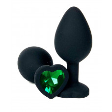 Черная силиконовая пробка с зеленым кристаллом-сердцем - 8 см.