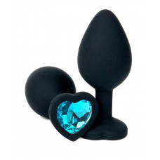Черная силиконовая пробка с голубым кристаллом-сердцем - 10,5 см.