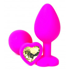 Розовая силиконовая пробка с желтым кристаллом-сердцем - 8 см.