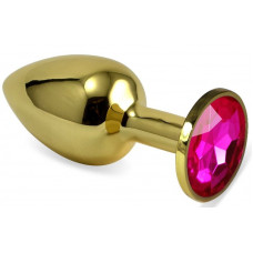 Золотистая анальная пробка с розовым кристаллом - 8,5 см.