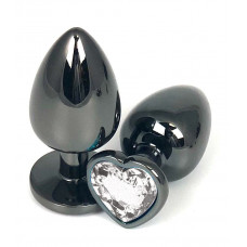 Черная металлическая анальная пробка с прозрачным стразом-сердечком - 9 см.