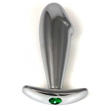 Серебристая анальная пробка-фаллос с зеленым кристаллом – 9,5 см.