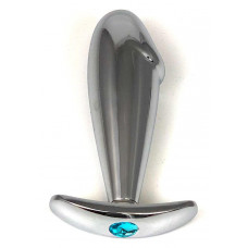 Серебристая пробка-фаллос с голубым кристаллом – 9,5 см.