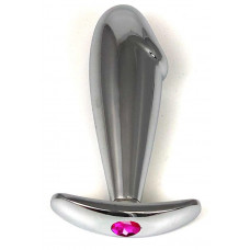 Серебристая анальная пробка-фаллос с розовым кристаллом – 9,5 см.