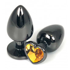 Черная металлическая анальная пробка с оранжевым стразом-сердечком - 7,5 см.