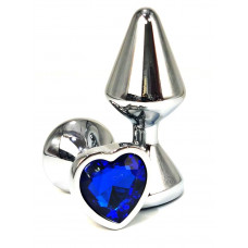 Серебристая анальная пробка с синим кристаллом-сердцем - 8 см.