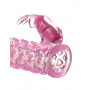 Розовая стимулирующая насадка Vibrating Couples Cage со стимулятором клитора 