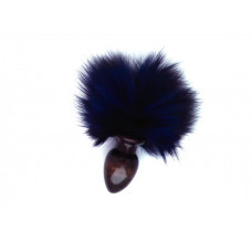 Чёрная малая анальная пробка с синим заячьим  хвостом - 8 см.