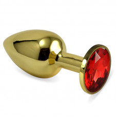 Золотистая анальная пробка с красным кристаллом - 7,6 см.