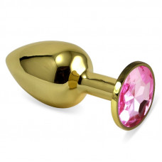 Золотистая анальная пробка с розовым кристаллом - 7,6 см.