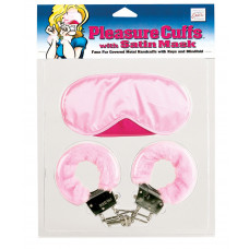 Комплект - розовая маска на глаза, наручники обшитые, 2 ключа.