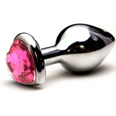 Гладкая серебристая втулка с розовым кристаллом-сердечком - 7,6 см.