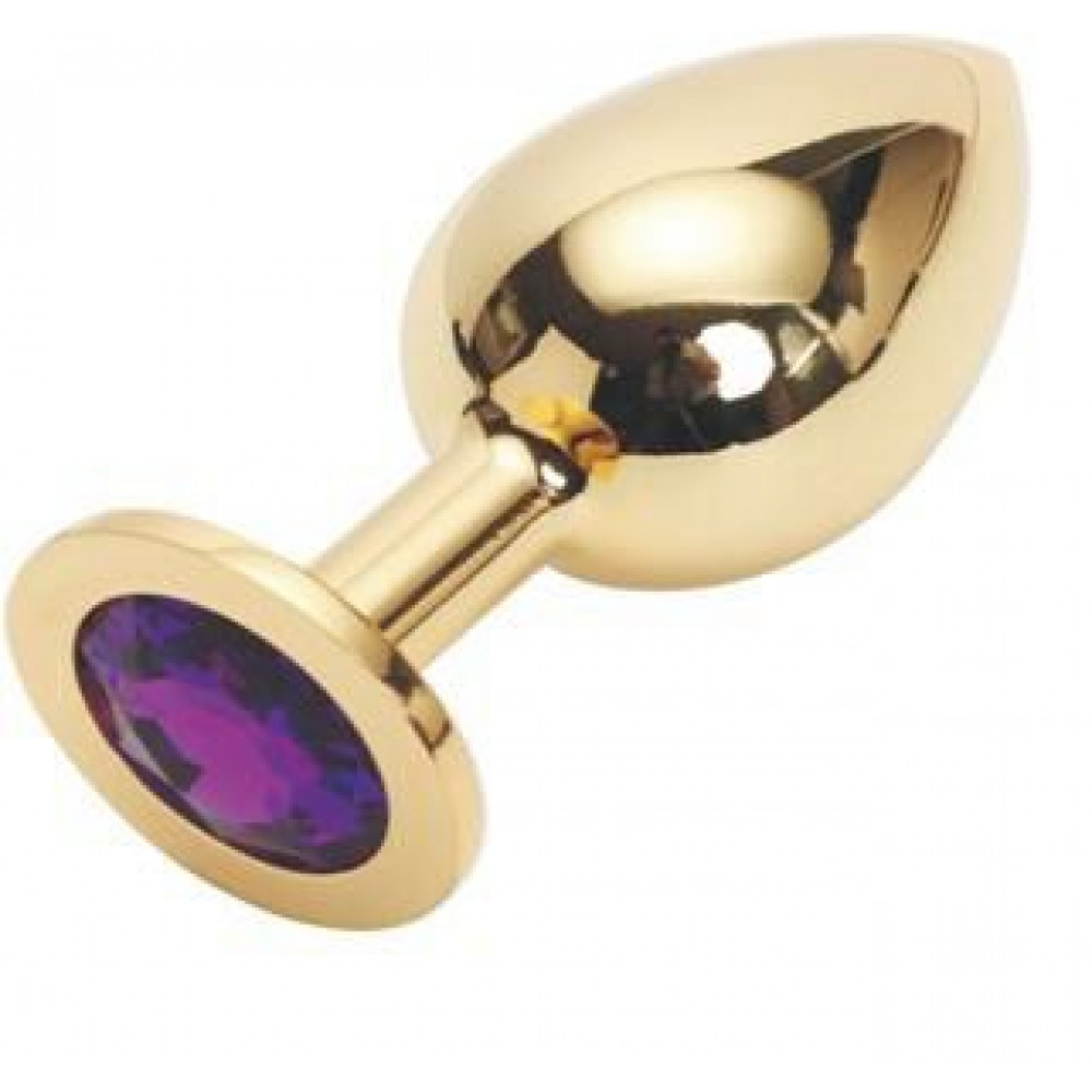 Золотистая анальная пробка GOLDEN PLUG Large с фиолетовым кристаллом - 9,5 см. (Anal Jewelry Plug GL-04)