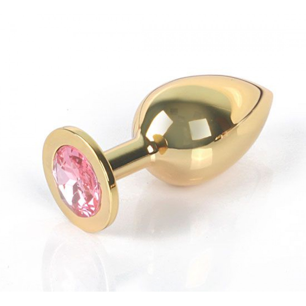 Золотистая анальная пробка GOLDEN PLUG Large с розовым кристаллом - 9,5 см. (Anal Jewelry Plug GL-02)