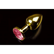 Маленькая золотистая анальная пробка с круглым кончиком и рубиновым кристаллом - 7 см.