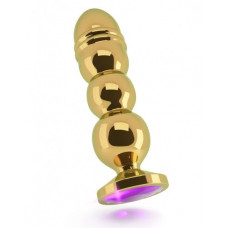 Золотистая фигурная анальная пробка R10 RICH Gold/Purple с фиолетовым кристаллом - 14,5 см.