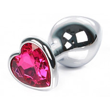Серебристая анальная пробка с ярко-розовым кристаллом-сердцем размера L - 9,5 см.