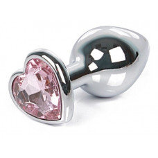 Серебристая анальная пробка с розовым кристаллом-сердцем размера L - 9,5 см.