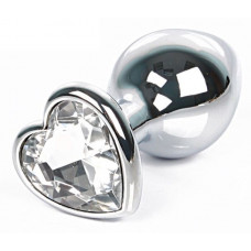 Серебристая анальная пробка с прозрачным кристаллом-сердцем размера L - 9,5 см.