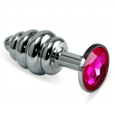 Серебристая ребристая пробка с ярко-розовым кристаллом размера M - 8,5 см.
