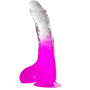 Фиолетовый фаллоимитатор с мошонкой, присоской и прозрачным стволом - 20 см.