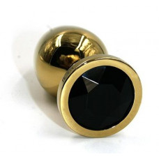 Золотистая алюминиевая анальная пробка с чёрным кристаллом - 6 см.