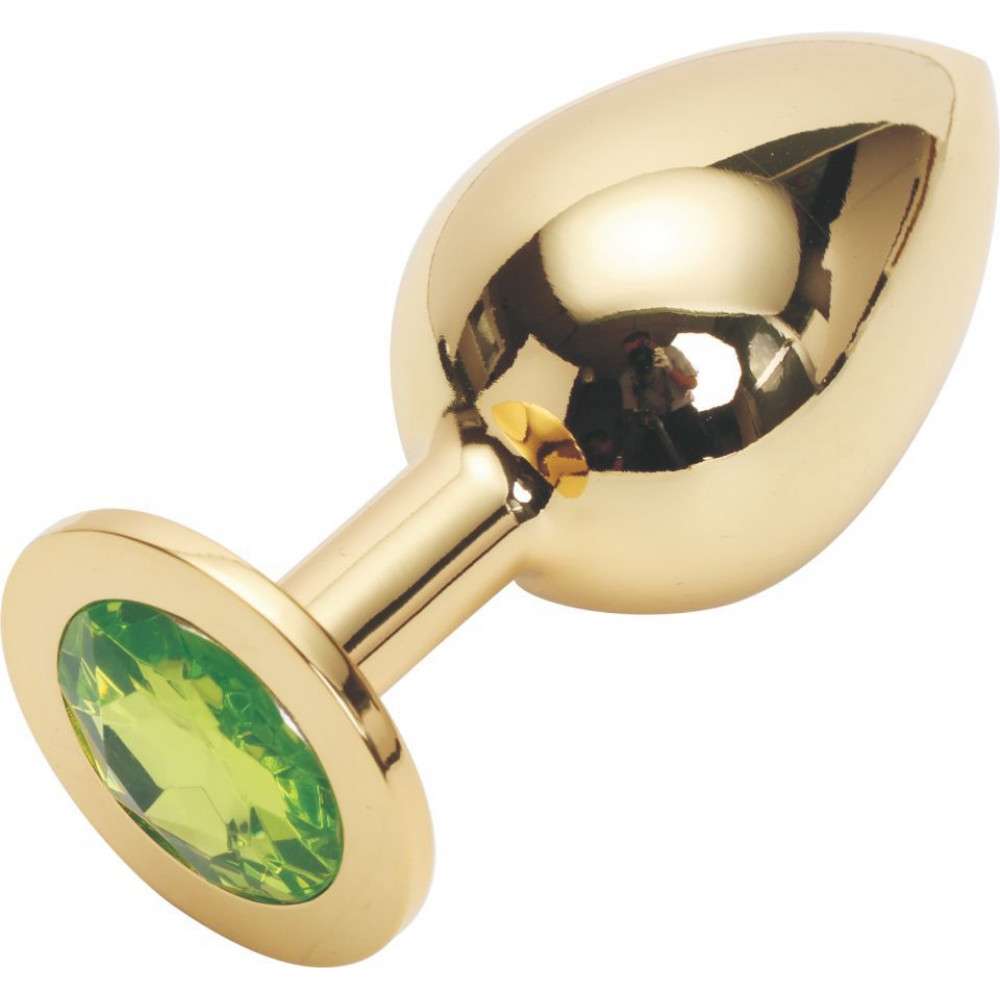 Золотистая анальная пробка GOLDEN PLUG Large с светло-зелёным кристаллом - 9,5 см. (Anal Jewelry Plug GL-10)